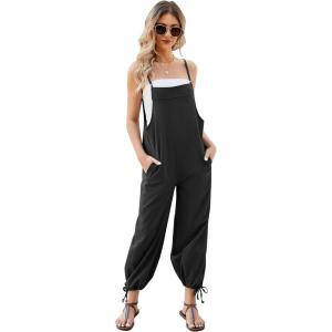 imageFlygo Womens Fashion Cotton Linen Overalls Loose Fit Sleeveless Straps Wide Leg Baggy Jumpsuit RompersBlack