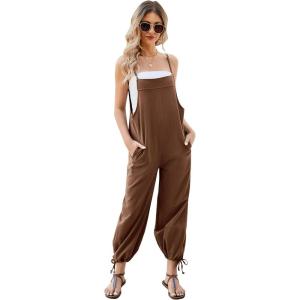 imageFlygo Womens Fashion Cotton Linen Overalls Loose Fit Sleeveless Straps Wide Leg Baggy Jumpsuit RompersBrown