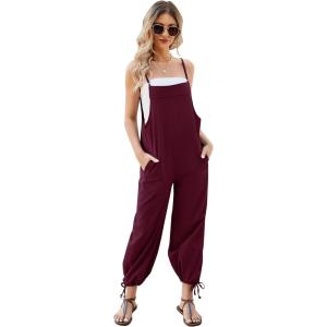 imageFlygo Womens Fashion Cotton Linen Overalls Loose Fit Sleeveless Straps Wide Leg Baggy Jumpsuit RompersBurgundy