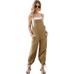 imageFlygo Womens Fashion Cotton Linen Overalls Loose Fit Sleeveless Straps Wide Leg Baggy Jumpsuit RompersDark Khaki