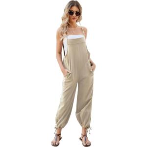 imageFlygo Womens Fashion Cotton Linen Overalls Loose Fit Sleeveless Straps Wide Leg Baggy Jumpsuit RompersLight Khaki