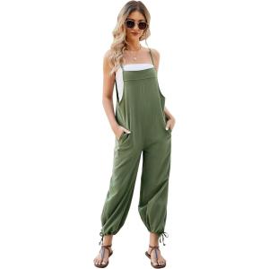 imageFlygo Womens Fashion Cotton Linen Overalls Loose Fit Sleeveless Straps Wide Leg Baggy Jumpsuit RompersOlive