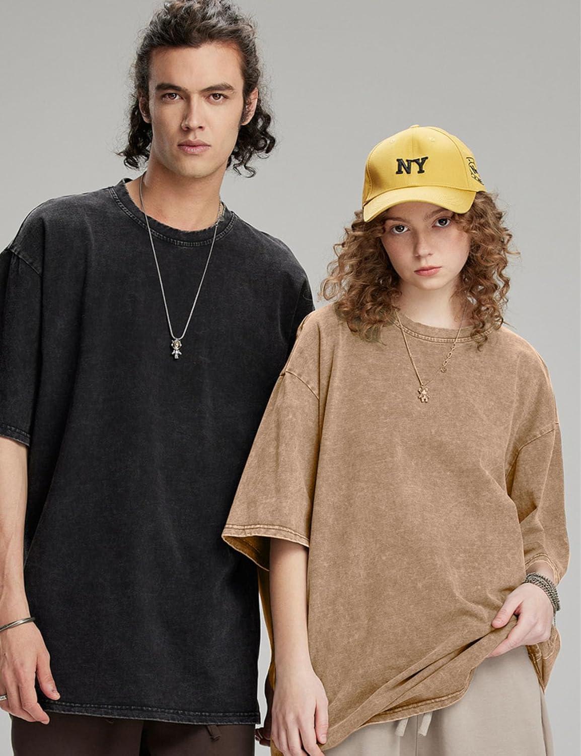 imageFlygo 3 Pack Mens Oversized TShirts Vintage 280G Heavy Cotton Streetwear Short Sleeve Solid Basic Tee Acid Washed TopsBlackdarkgreybeige