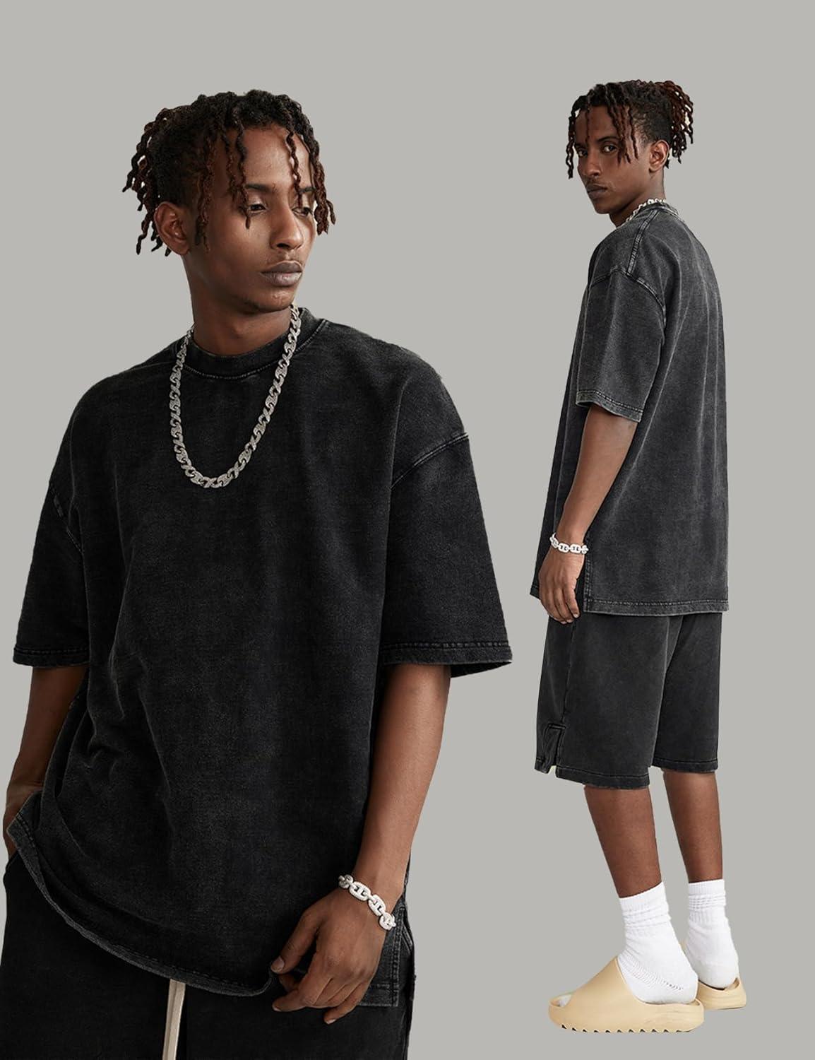 imageFlygo 3 Pack Mens Oversized TShirts Vintage 280G Heavy Cotton Streetwear Short Sleeve Solid Basic Tee Acid Washed TopsBlackdarkgreybeige