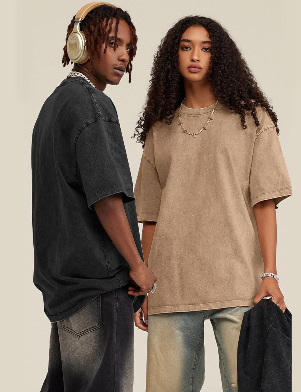 imageFlygo 3 Pack Mens Oversized TShirts Vintage 280G Heavy Cotton Streetwear Short Sleeve Solid Basic Tee Acid Washed TopsBlackdarkgreybeige
