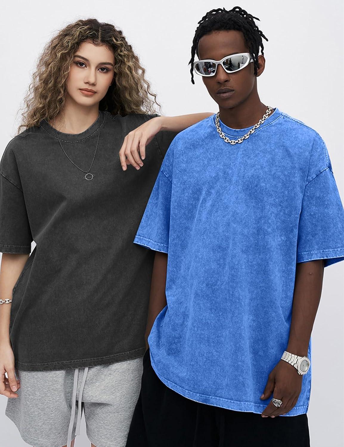 imageFlygo 3 Pack Mens Oversized TShirts Vintage 280G Heavy Cotton Streetwear Short Sleeve Solid Basic Tee Acid Washed TopsBlackdarkgreylightblue
