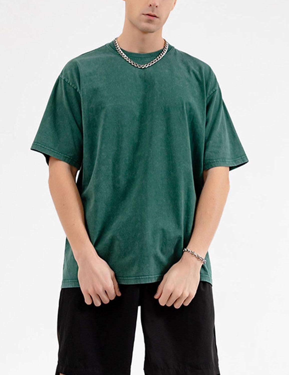 imageFlygo Mens Oversized TShirts Vintage 280G Heavy Cotton Streetwear Short Sleeve Solid Basic Tee Shirt Acid Wash Tops Dark Green