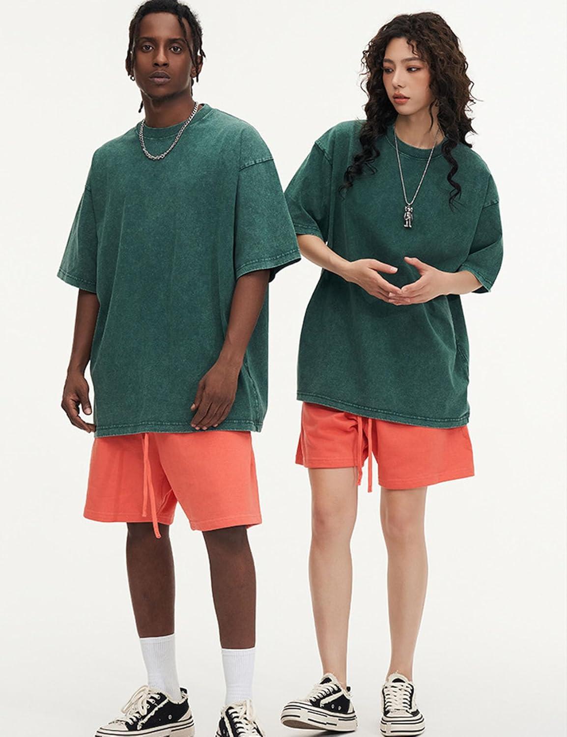 imageFlygo Mens Oversized TShirts Vintage 280G Heavy Cotton Streetwear Short Sleeve Solid Basic Tee Shirt Acid Wash Tops Dark Green