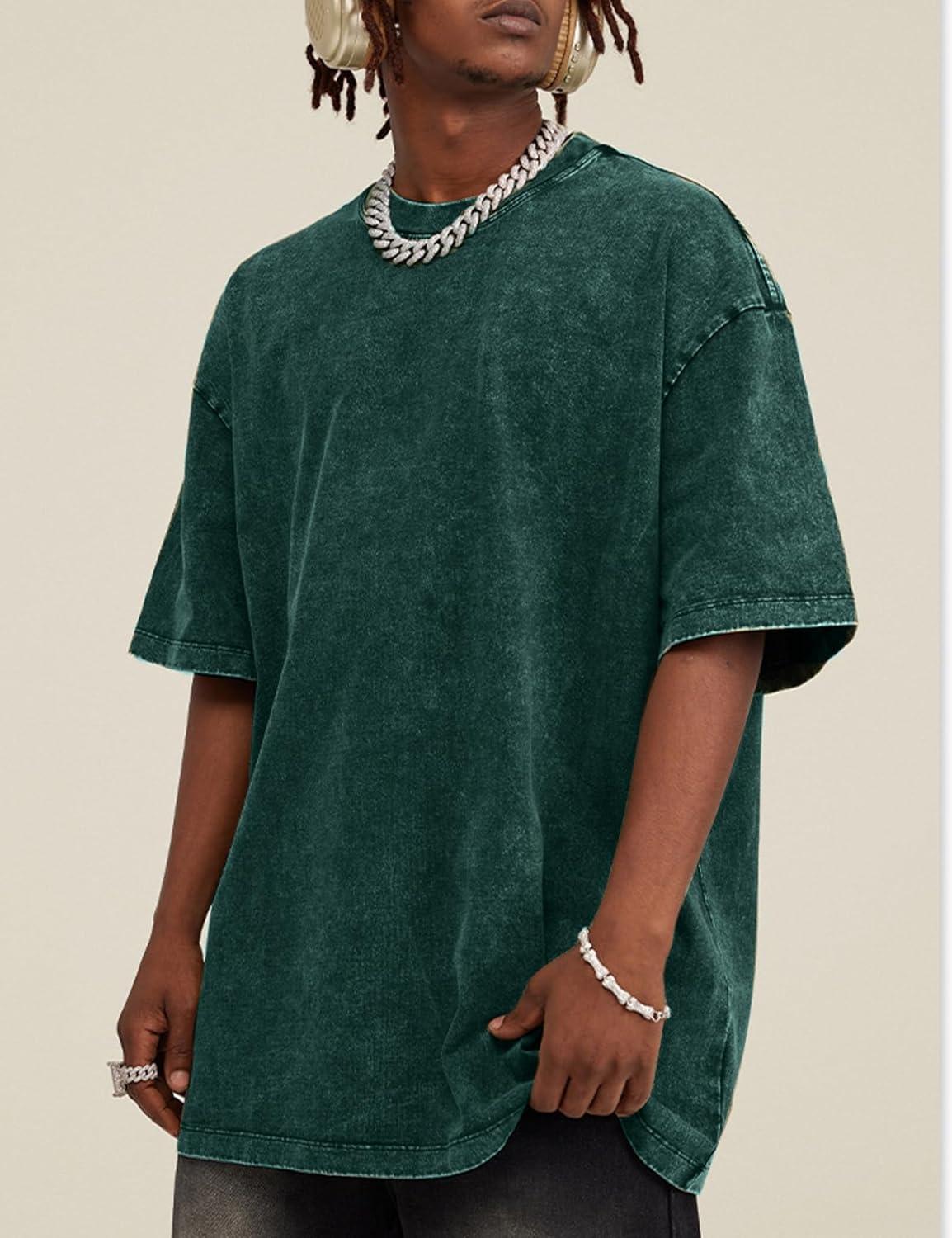 imageFlygo Mens Oversized TShirts Vintage 280G Heavy Cotton Streetwear Short Sleeve Solid Basic Tee Shirt Acid Wash Tops Dark Green