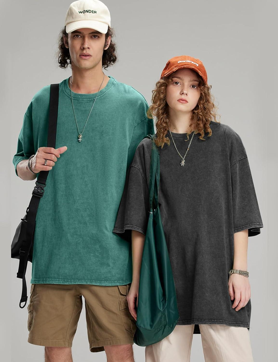 imageFlygo Mens Oversized TShirts Vintage 280G Heavy Cotton Streetwear Short Sleeve Solid Basic Tee Shirt Acid Wash Tops Dark Green