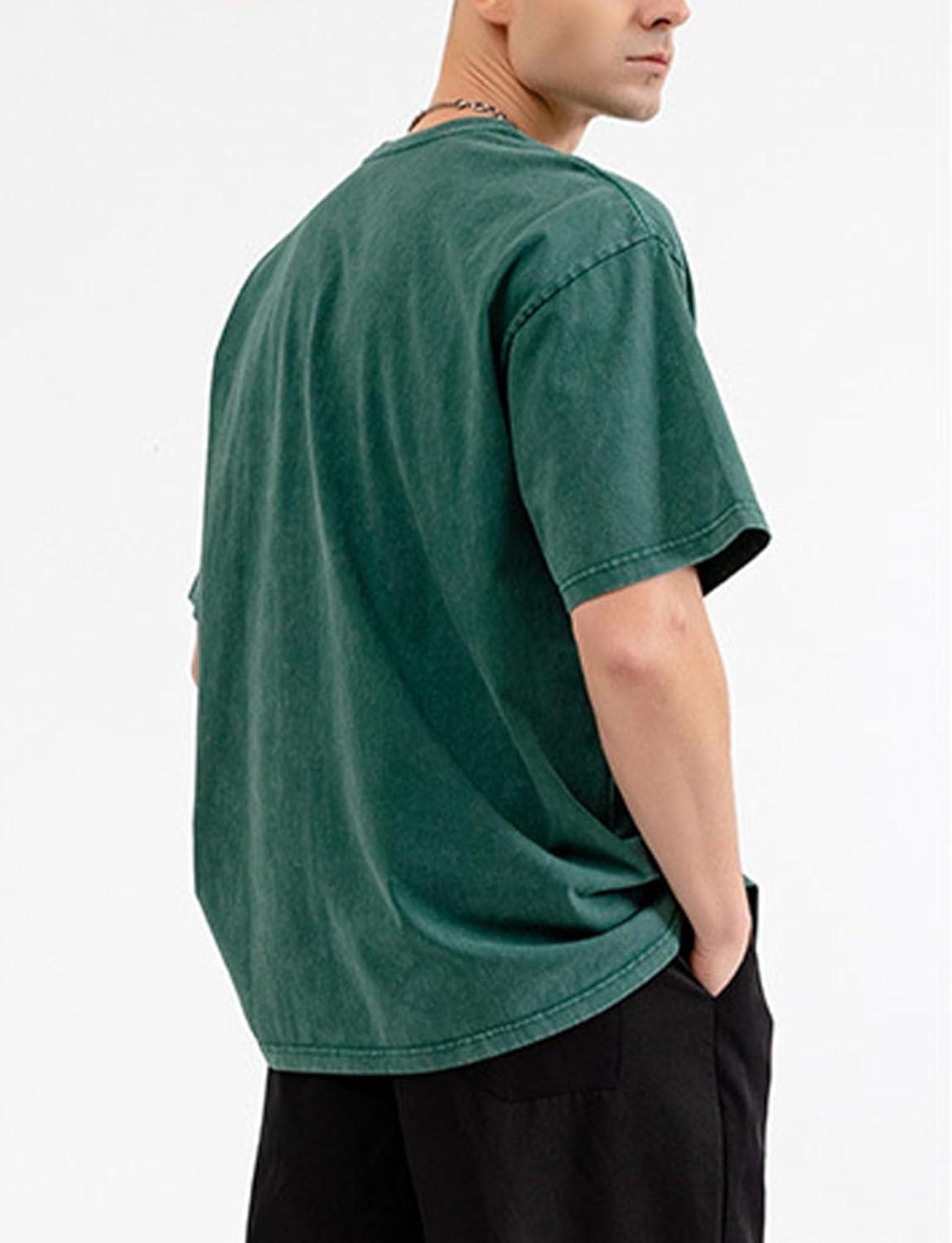 imageFlygo Mens Oversized TShirts Vintage 280G Heavy Cotton Streetwear Short Sleeve Solid Basic Tee Shirt Acid Wash Tops Dark Green