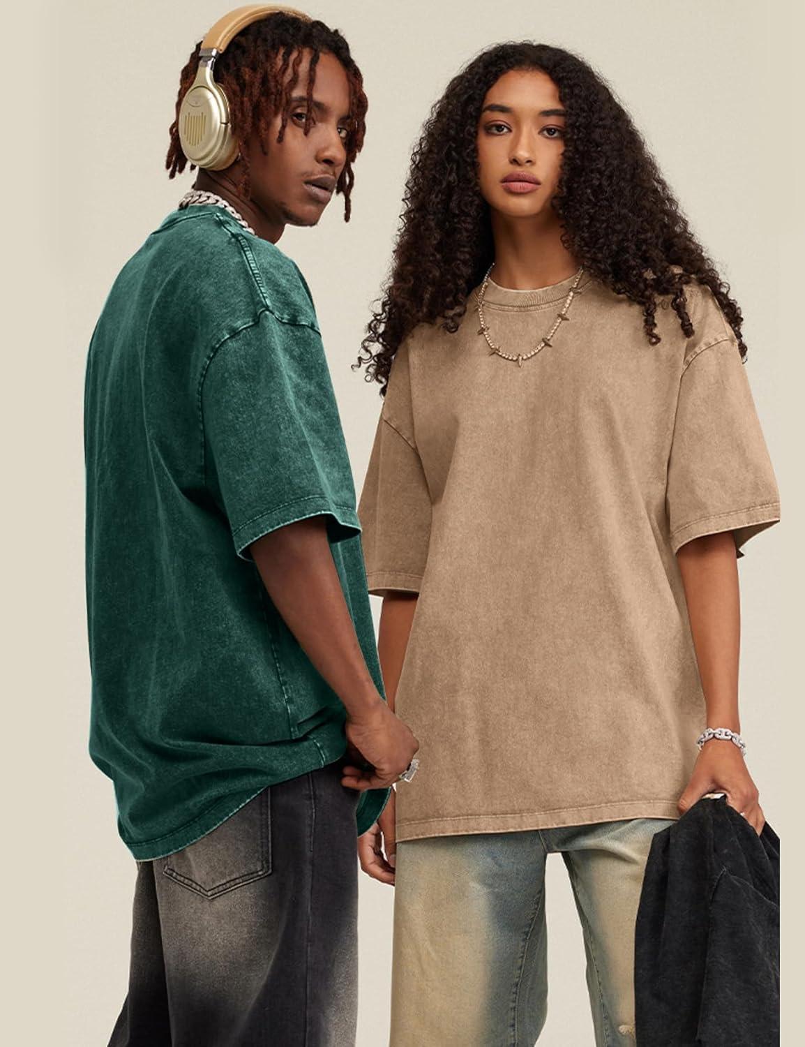 imageFlygo Mens Oversized TShirts Vintage 280G Heavy Cotton Streetwear Short Sleeve Solid Basic Tee Shirt Acid Wash TopsBeige