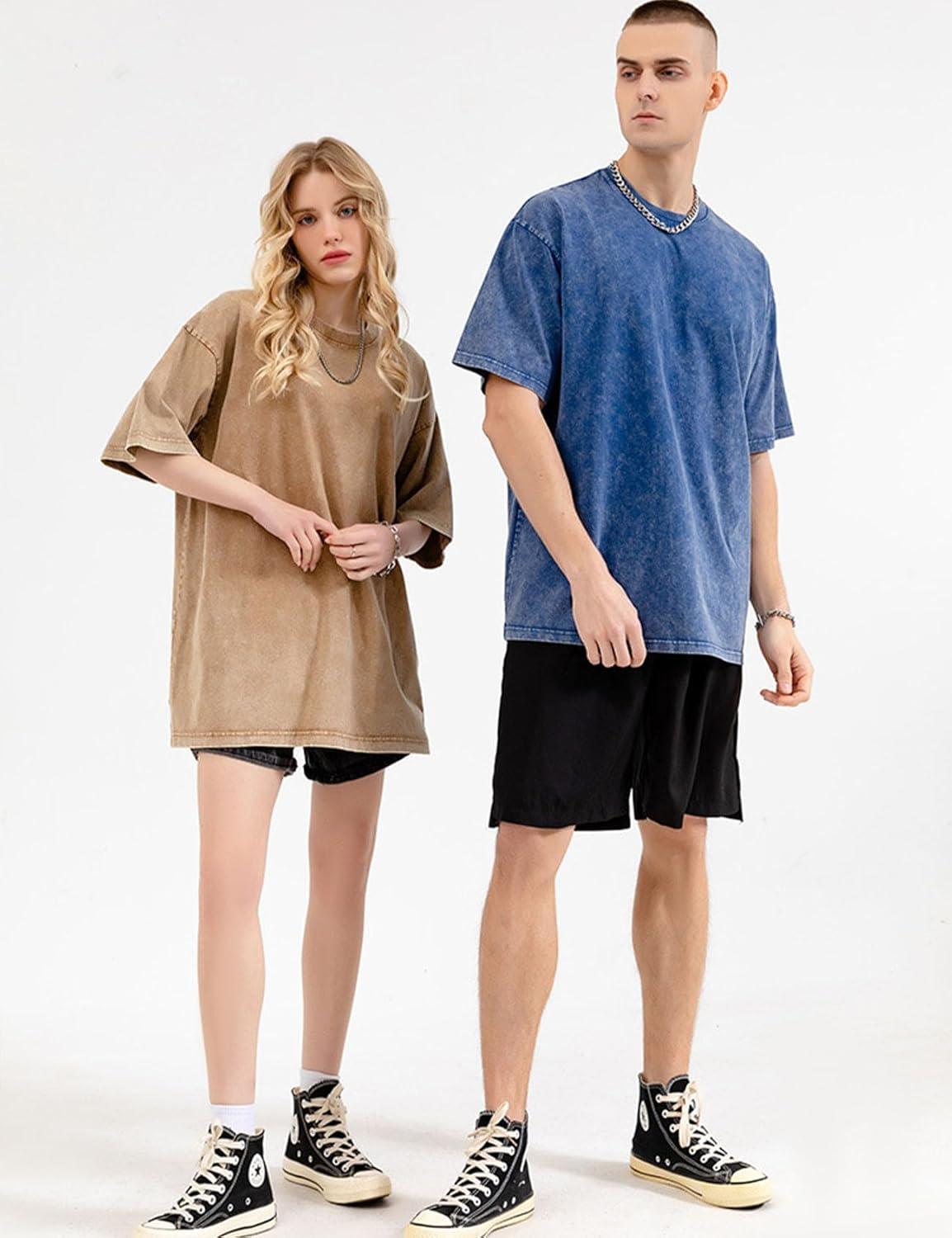 imageFlygo Mens Oversized TShirts Vintage 280G Heavy Cotton Streetwear Short Sleeve Solid Basic Tee Shirt Acid Wash TopsBeige