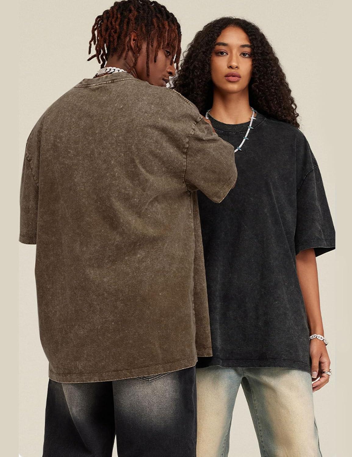 imageFlygo Mens Oversized TShirts Vintage 280G Heavy Cotton Streetwear Short Sleeve Solid Basic Tee Shirt Acid Wash TopsGrey Green