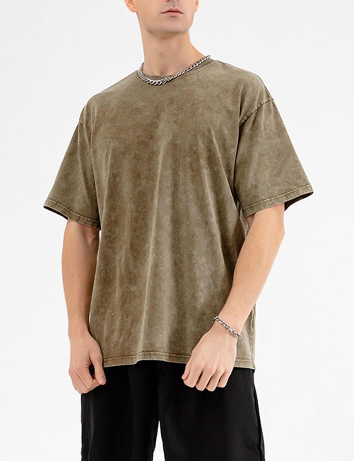 imageFlygo Mens Oversized TShirts Vintage 280G Heavy Cotton Streetwear Short Sleeve Solid Basic Tee Shirt Acid Wash TopsGrey Green