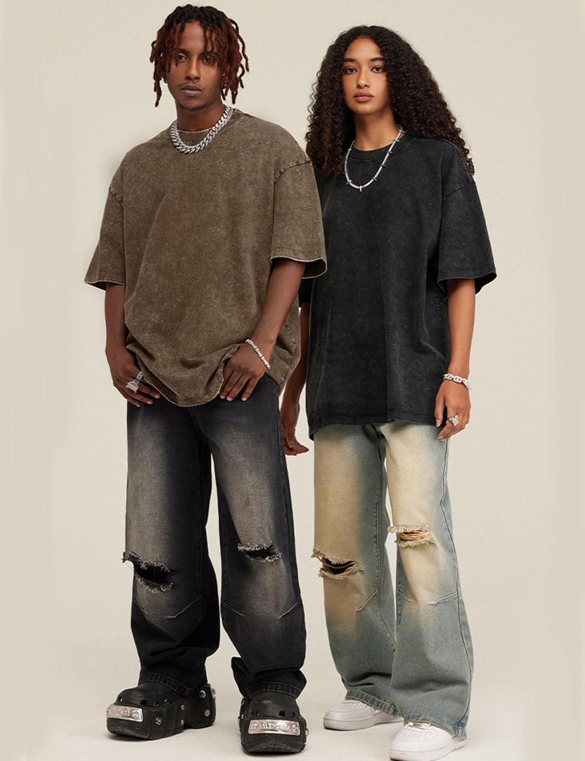 imageFlygo Mens Oversized TShirts Vintage 280G Heavy Cotton Streetwear Short Sleeve Solid Basic Tee Shirt Acid Wash TopsGrey Green