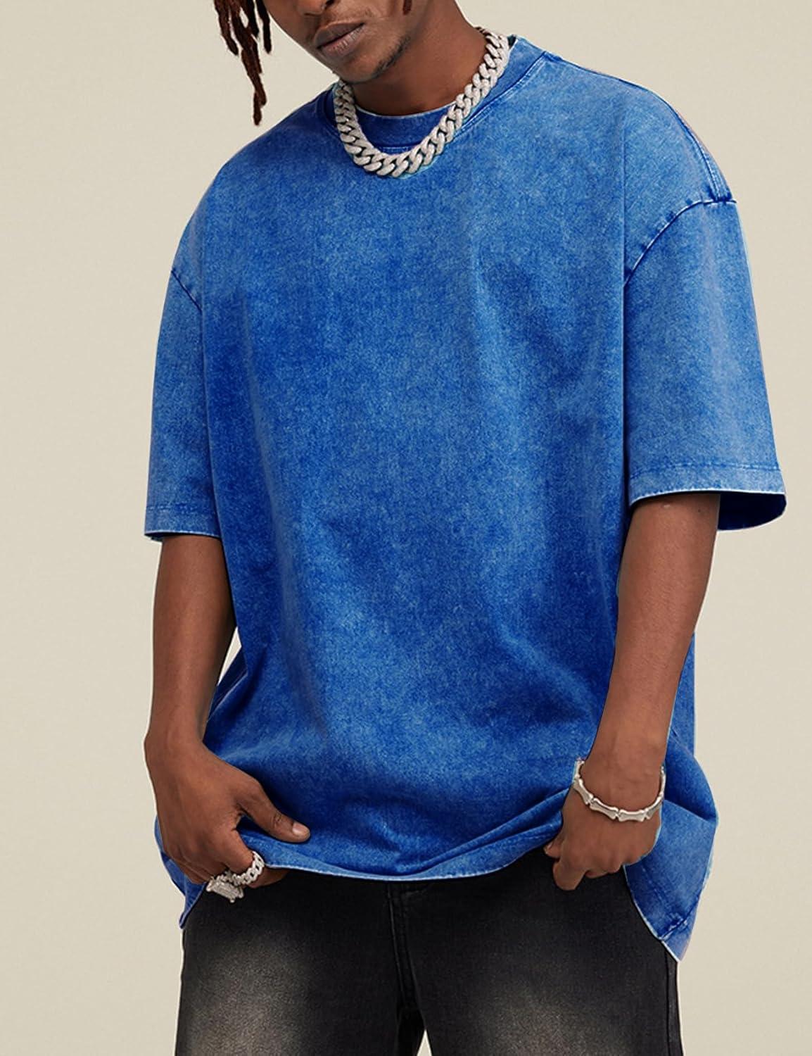 imageFlygo Mens Oversized TShirts Vintage 280G Heavy Cotton Streetwear Short Sleeve Solid Basic Tee Shirt Acid Wash TopsLight Blue