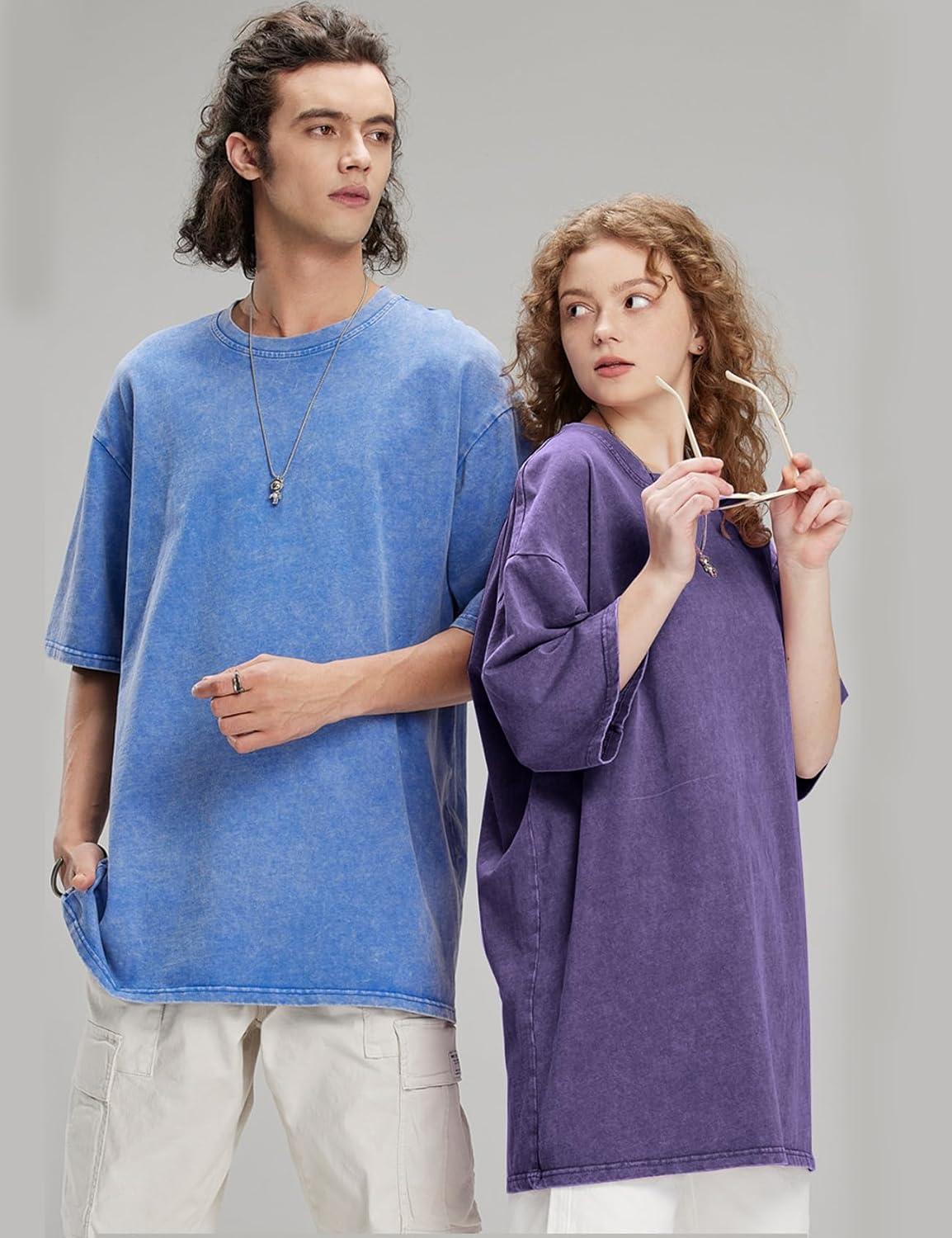 imageFlygo Mens Oversized TShirts Vintage 280G Heavy Cotton Streetwear Short Sleeve Solid Basic Tee Shirt Acid Wash TopsLight Blue
