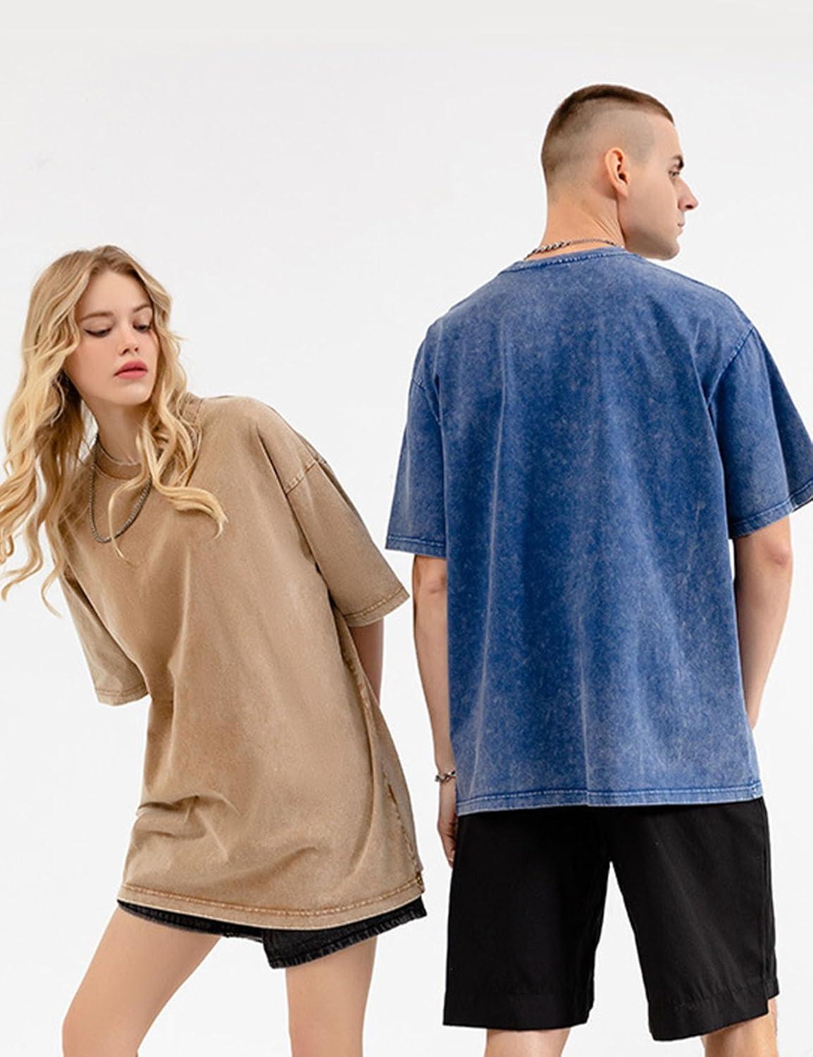 imageFlygo Mens Oversized TShirts Vintage 280G Heavy Cotton Streetwear Short Sleeve Solid Basic Tee Shirt Acid Wash TopsNavy Blue