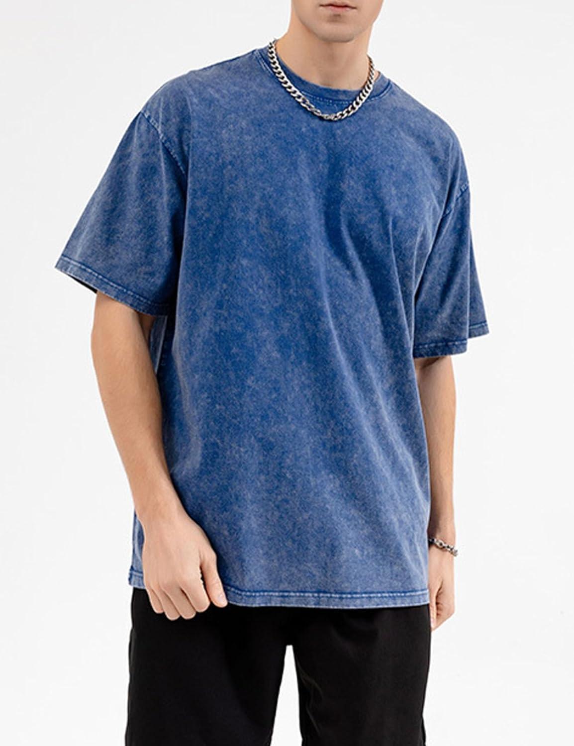 imageFlygo Mens Oversized TShirts Vintage 280G Heavy Cotton Streetwear Short Sleeve Solid Basic Tee Shirt Acid Wash TopsNavy Blue