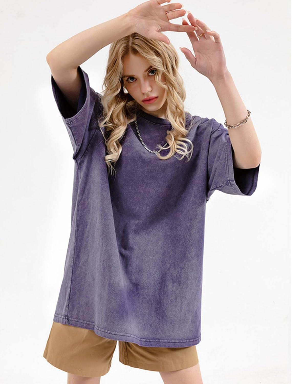 imageFlygo Mens Oversized TShirts Vintage 280G Heavy Cotton Streetwear Short Sleeve Solid Basic Tee Shirt Acid Wash TopsPurple