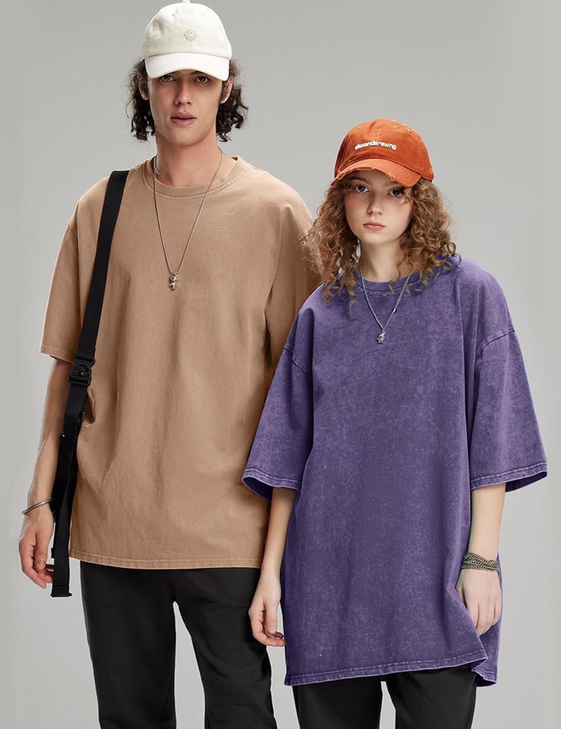 imageFlygo Mens Oversized TShirts Vintage 280G Heavy Cotton Streetwear Short Sleeve Solid Basic Tee Shirt Acid Wash TopsPurple