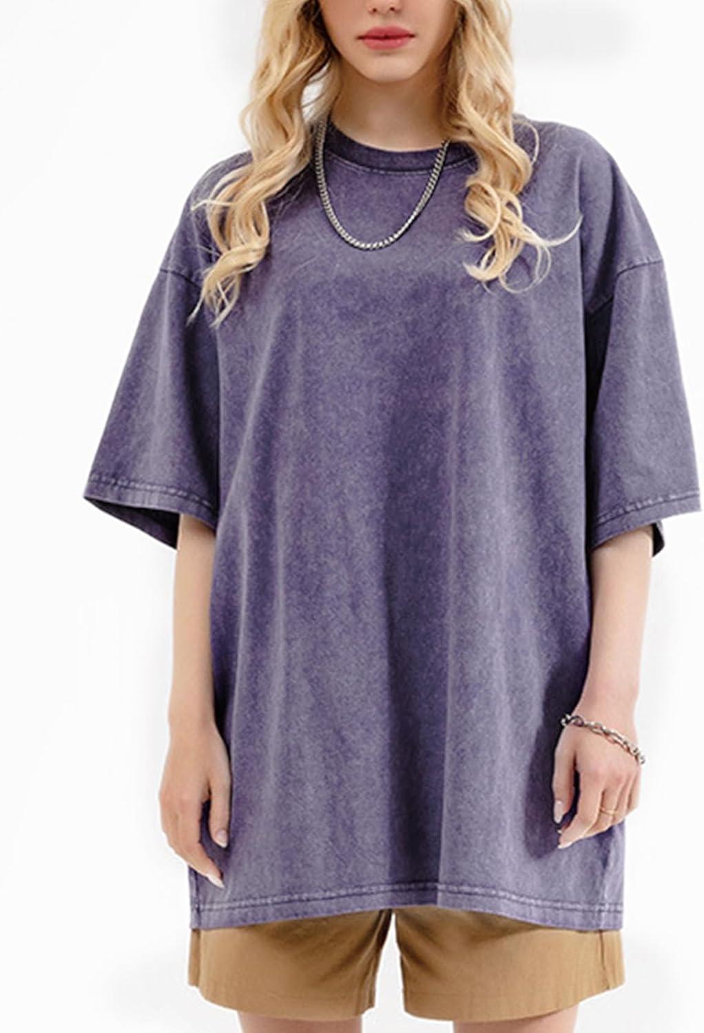 imageFlygo Mens Oversized TShirts Vintage 280G Heavy Cotton Streetwear Short Sleeve Solid Basic Tee Shirt Acid Wash TopsPurple