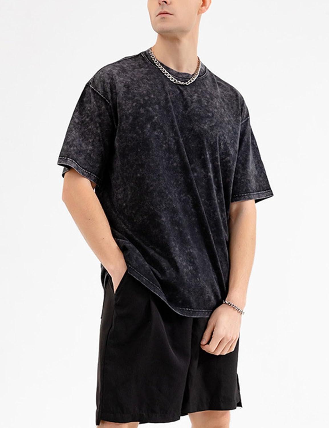imageFlygo Mens Oversized Vintage TShirts Cotton Streetwear Short Sleeve Solid Basic Tee Shirt Acid Wash Hip Hop Tops Black