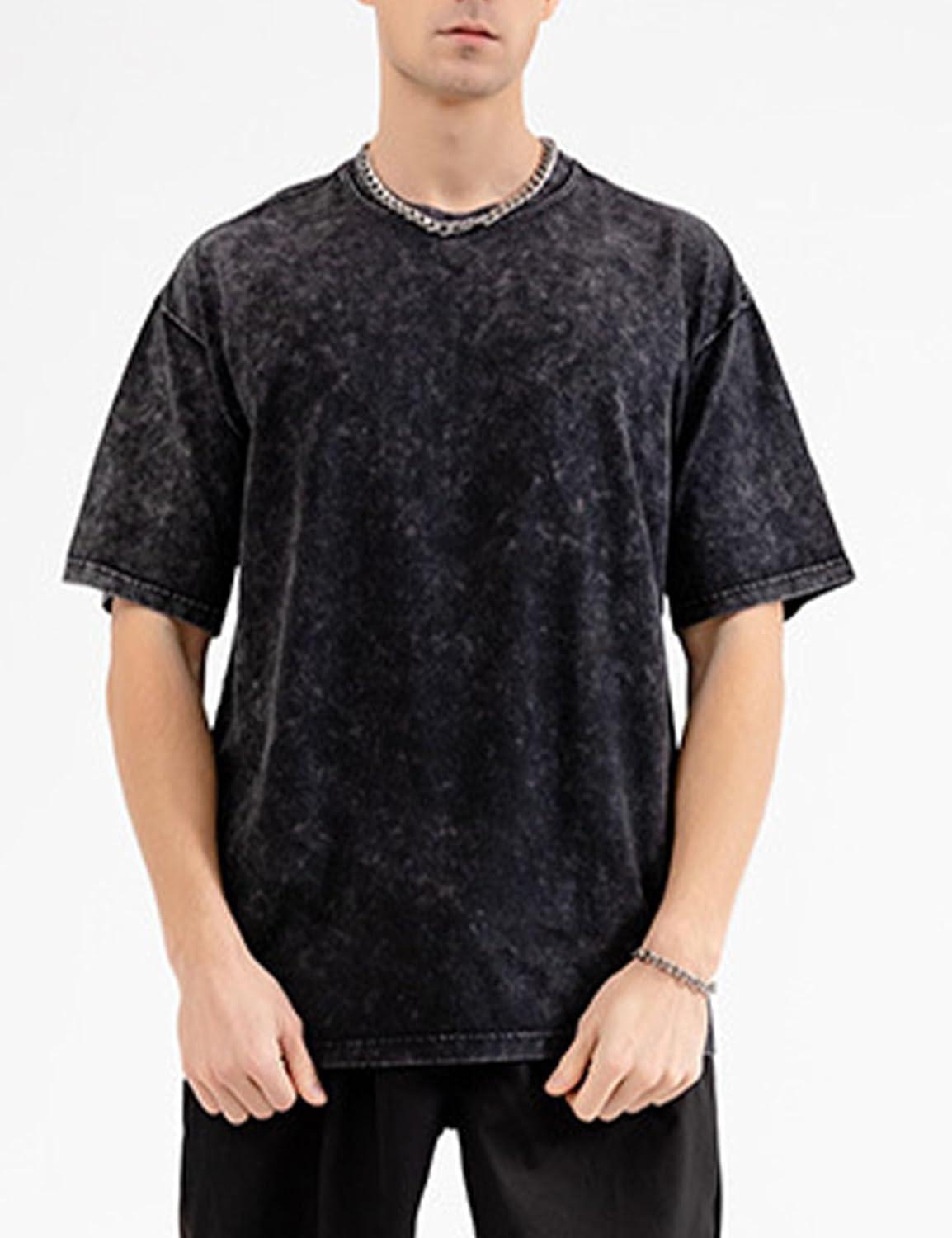 imageFlygo Mens Oversized Vintage TShirts Cotton Streetwear Short Sleeve Solid Basic Tee Shirt Acid Wash Hip Hop Tops Black