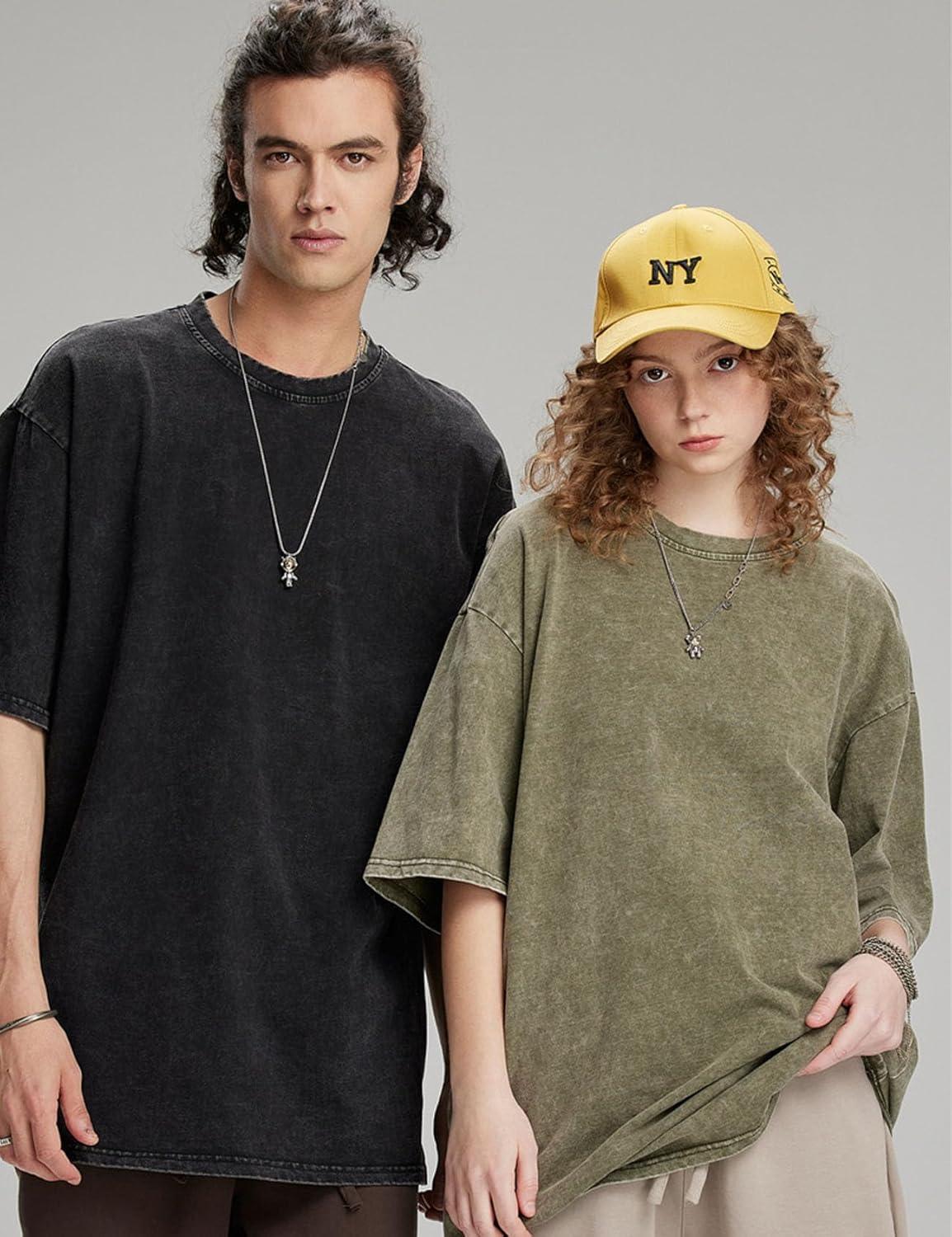 imageFlygo Mens Oversized Vintage TShirts Cotton Streetwear Short Sleeve Solid Basic Tee Shirt Acid Wash Hip Hop Tops Black