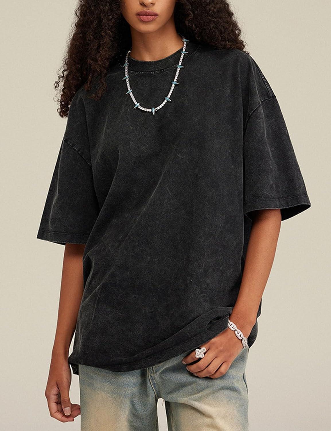 imageFlygo Mens Oversized Vintage TShirts Cotton Streetwear Short Sleeve Solid Basic Tee Shirt Acid Wash Hip Hop Tops Black
