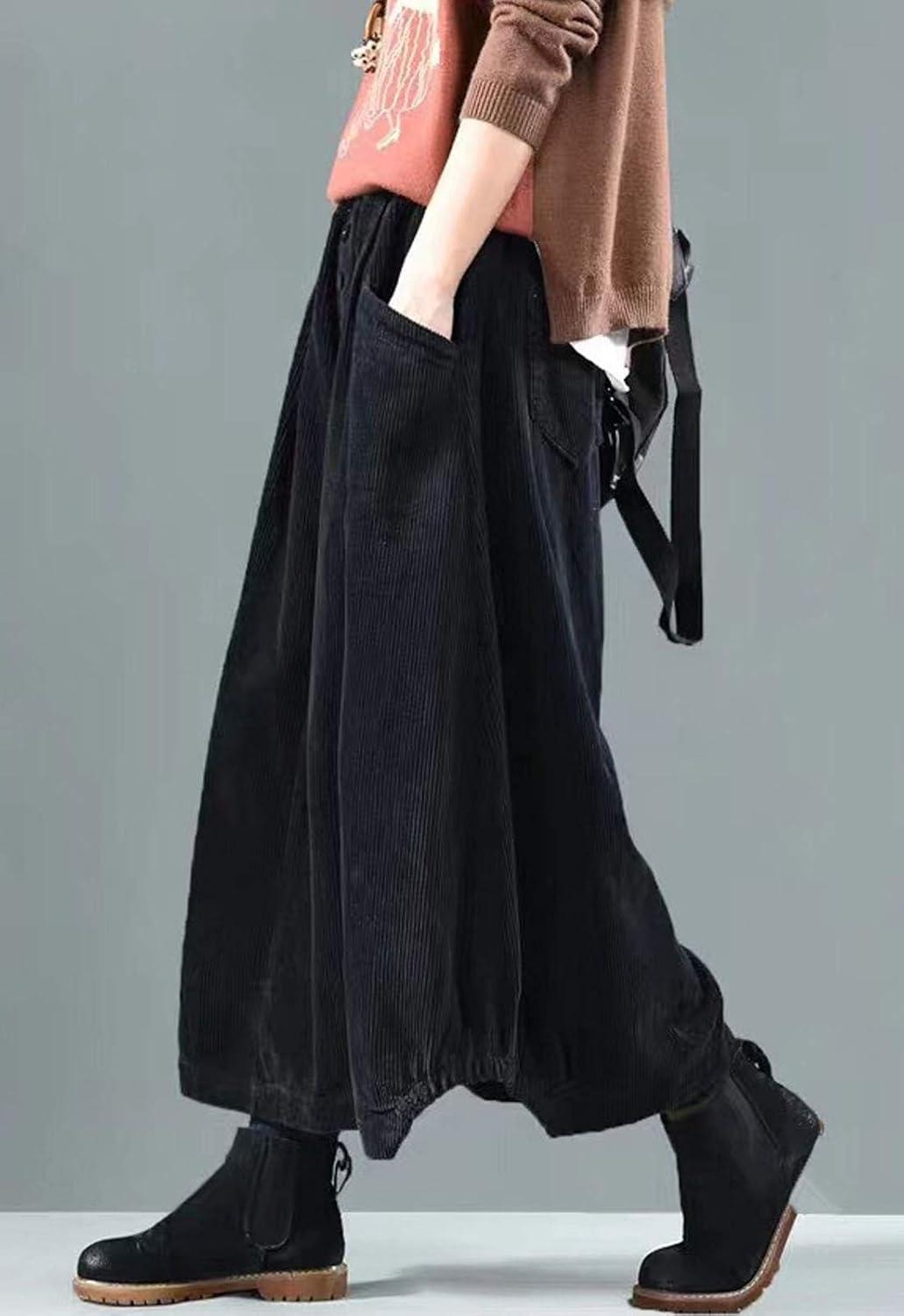 imageFlygo Womens Vintage Corduroy ALine Pleated Long Midi Skirt with PocketsBlack