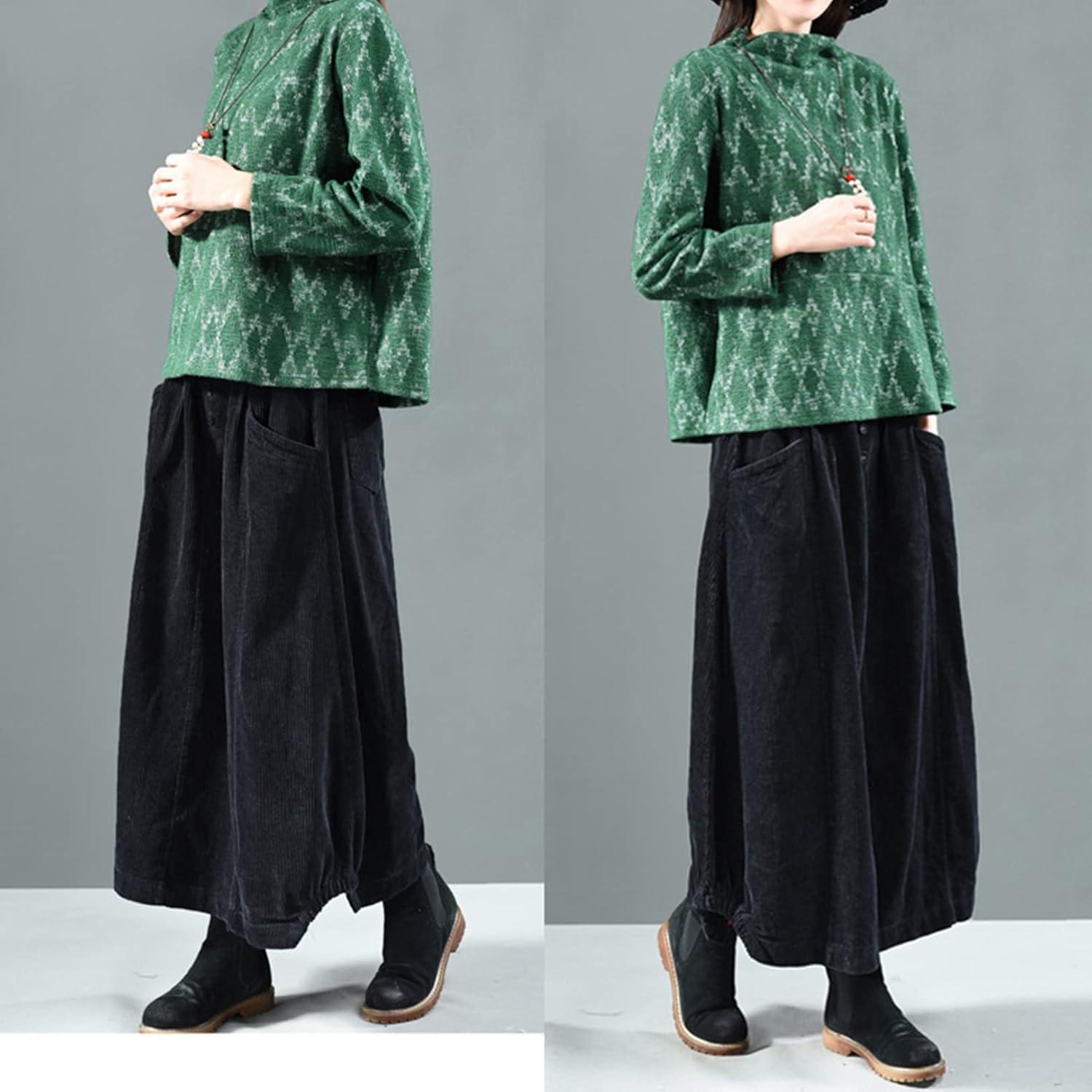 imageFlygo Womens Vintage Corduroy ALine Pleated Long Midi Skirt with PocketsBlack