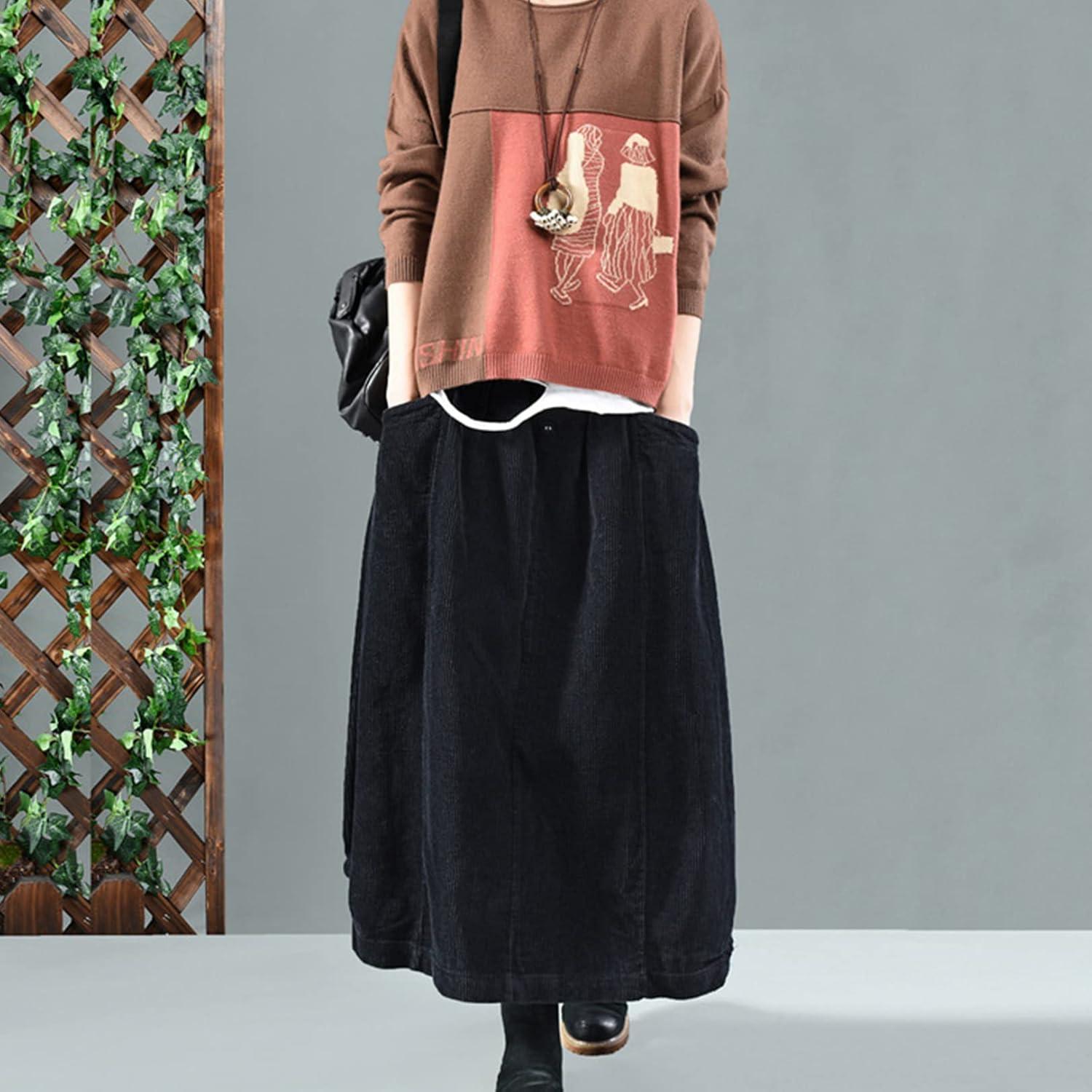 imageFlygo Womens Vintage Corduroy ALine Pleated Long Midi Skirt with PocketsBlack