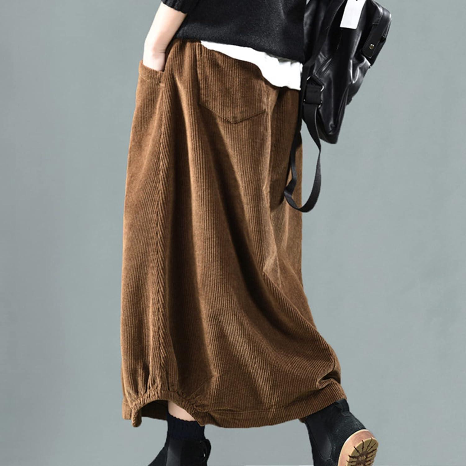 imageFlygo Womens Vintage Corduroy ALine Pleated Long Midi Skirt with PocketsCoffee