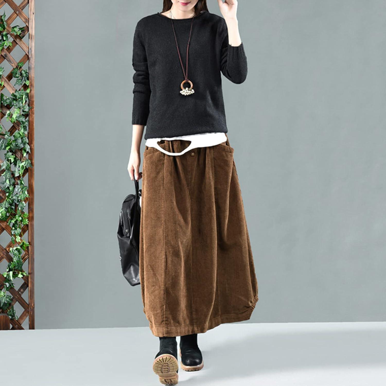 imageFlygo Womens Vintage Corduroy ALine Pleated Long Midi Skirt with PocketsCoffee