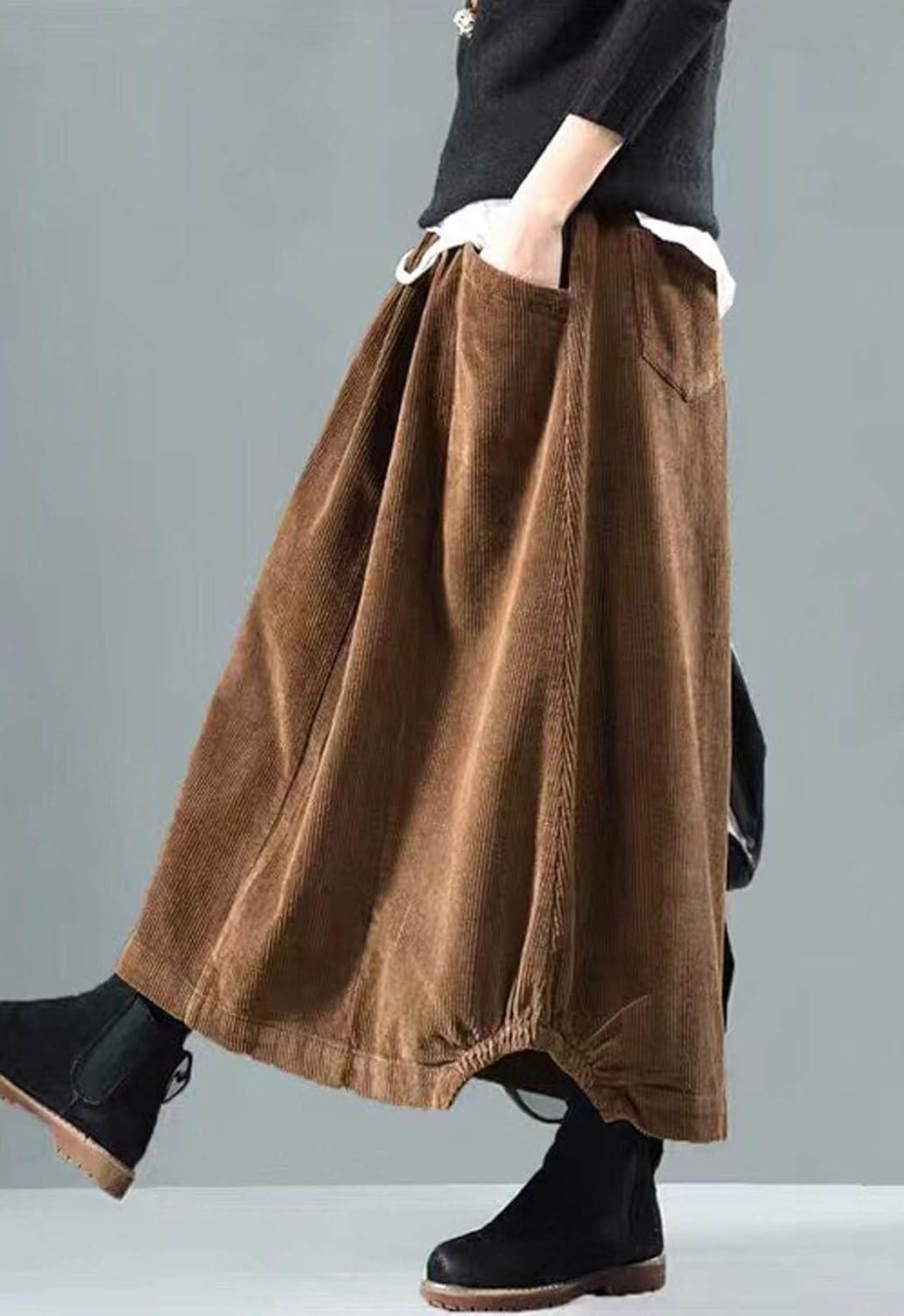 imageFlygo Womens Vintage Corduroy ALine Pleated Long Midi Skirt with PocketsCoffee