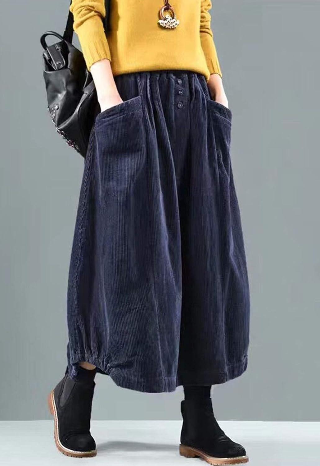 imageFlygo Womens Vintage Corduroy ALine Pleated Long Midi Skirt with PocketsNavy Blue