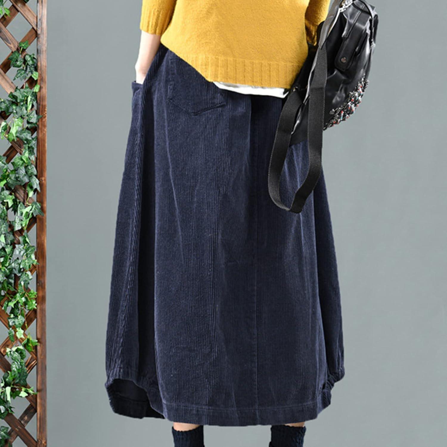 imageFlygo Womens Vintage Corduroy ALine Pleated Long Midi Skirt with PocketsNavy Blue