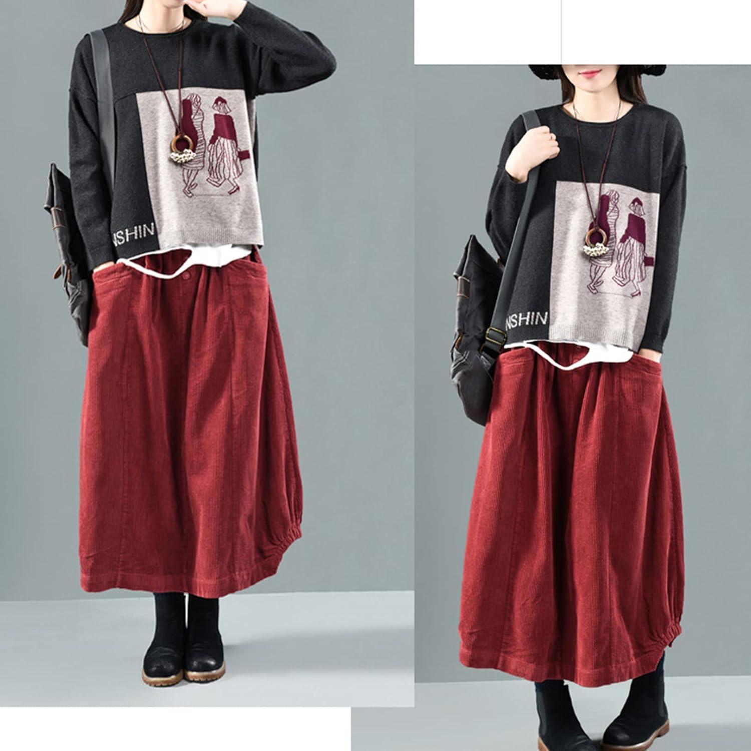 imageFlygo Womens Vintage Corduroy ALine Pleated Long Midi Skirt with PocketsRed