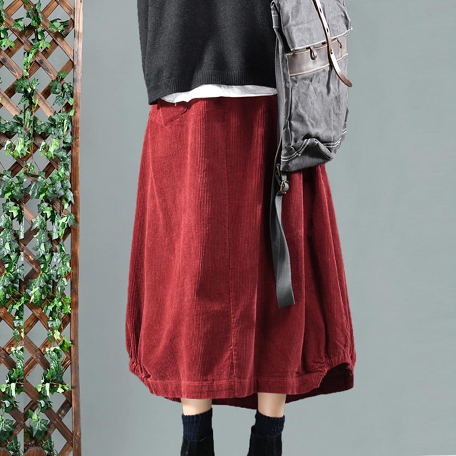 imageFlygo Womens Vintage Corduroy ALine Pleated Long Midi Skirt with PocketsRed