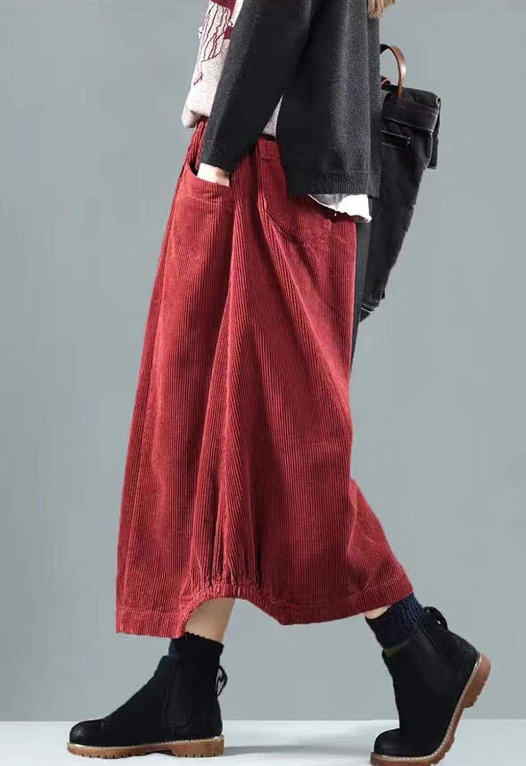 imageFlygo Womens Vintage Corduroy ALine Pleated Long Midi Skirt with PocketsRed