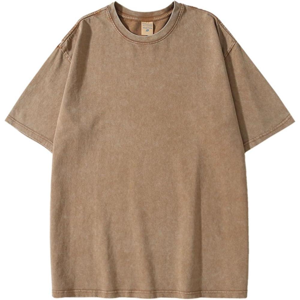 imageFlygo Mens Oversized TShirts Vintage 280G Heavy Cotton Streetwear Short Sleeve Solid Basic Tee Shirt Acid Wash TopsBeige