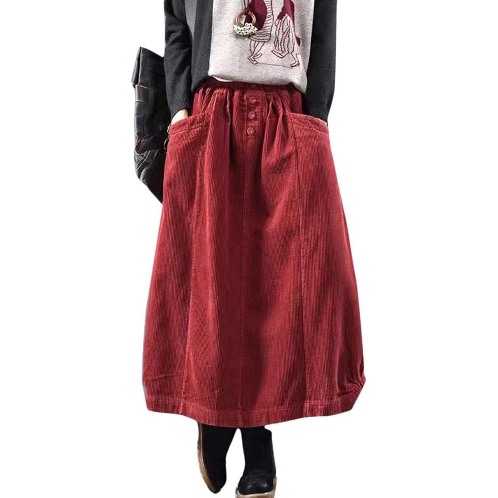 imageFlygo Womens Vintage Corduroy ALine Pleated Long Midi Skirt with PocketsRed