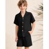 imageFlygo Boys Summer 2 Piece Beach Outfits Casual Short Sleeve Button Down Shirts and Shorts Vacation Outfit Textured SetsBlack