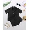 imageFlygo Boys Summer 2 Piece Beach Outfits Casual Short Sleeve Button Down Shirts and Shorts Vacation Outfit Textured SetsBlack