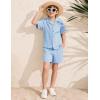 imageFlygo Boys Summer 2 Piece Beach Outfits Casual Short Sleeve Button Down Shirts and Shorts Vacation Outfit Textured SetsLight Blue