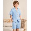 imageFlygo Boys Summer 2 Piece Beach Outfits Casual Short Sleeve Button Down Shirts and Shorts Vacation Outfit Textured SetsLight Blue