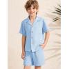 imageFlygo Boys Summer 2 Piece Beach Outfits Casual Short Sleeve Button Down Shirts and Shorts Vacation Outfit Textured SetsLight Blue