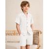 imageFlygo Boys Summer 2 Piece Beach Outfits Casual Short Sleeve Button Down Shirts and Shorts Vacation Outfit Textured SetsWhite